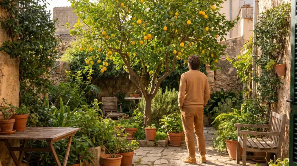 citronnier en petit jardin avec feuilles vertes et citrons jaunes