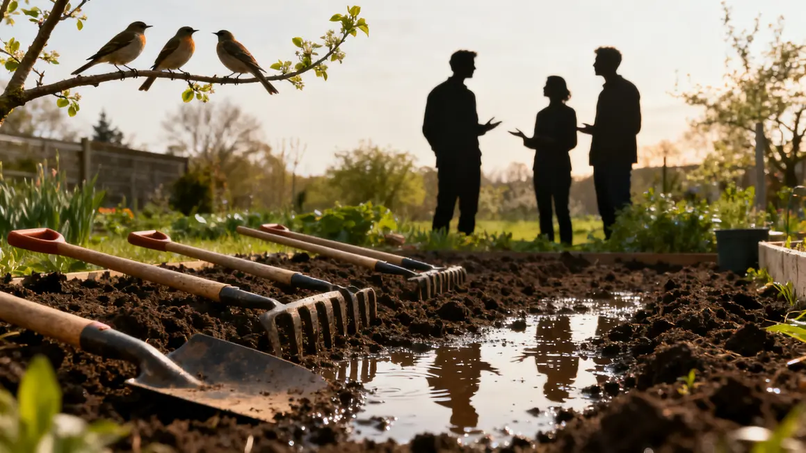 Sol jardin retourné, outils, silhouettes discutant en mai