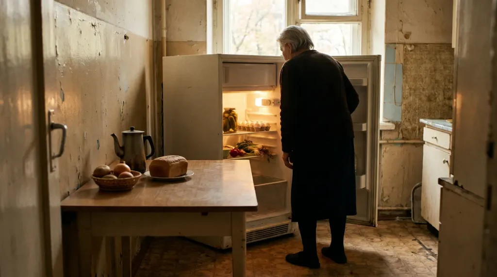 Personne âgée devant frigo vide, privation alimentaire retraite
