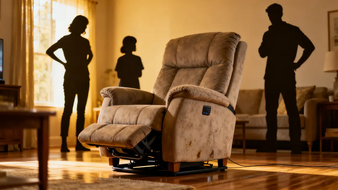 Famille autour d'un fauteuil releveur, ambiance tendue