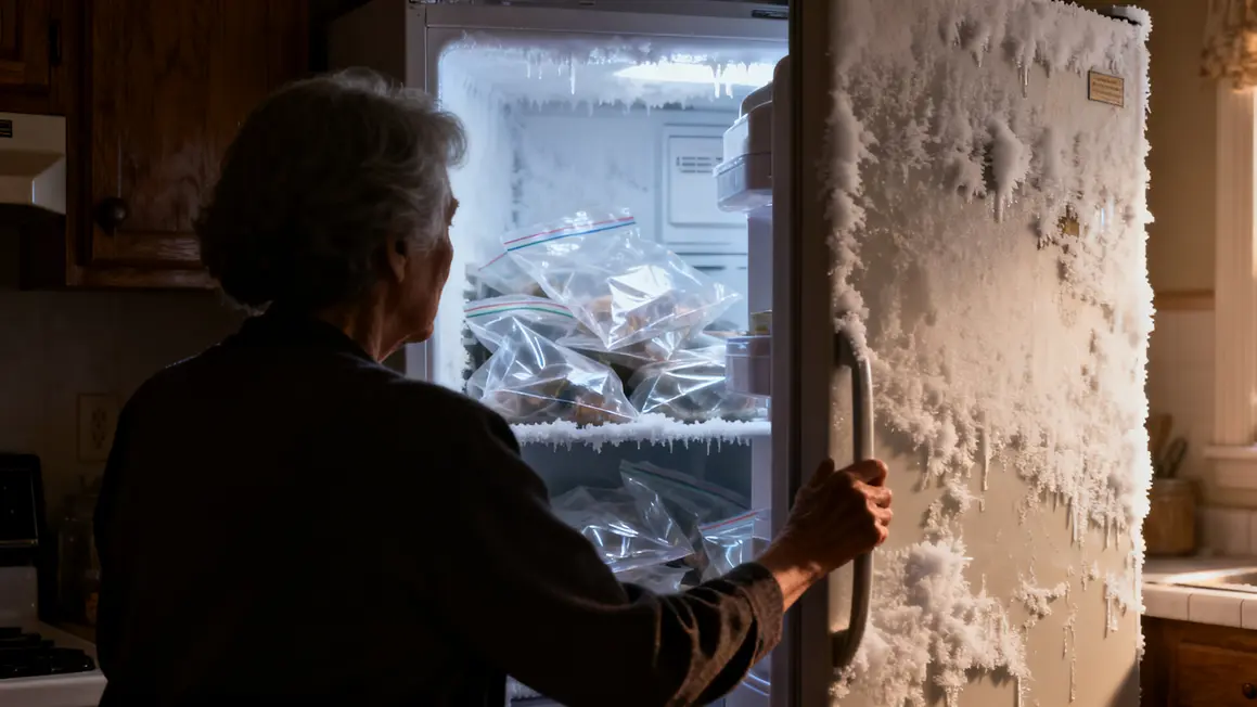 Femme âgée ouvrant un congélateur avec givre