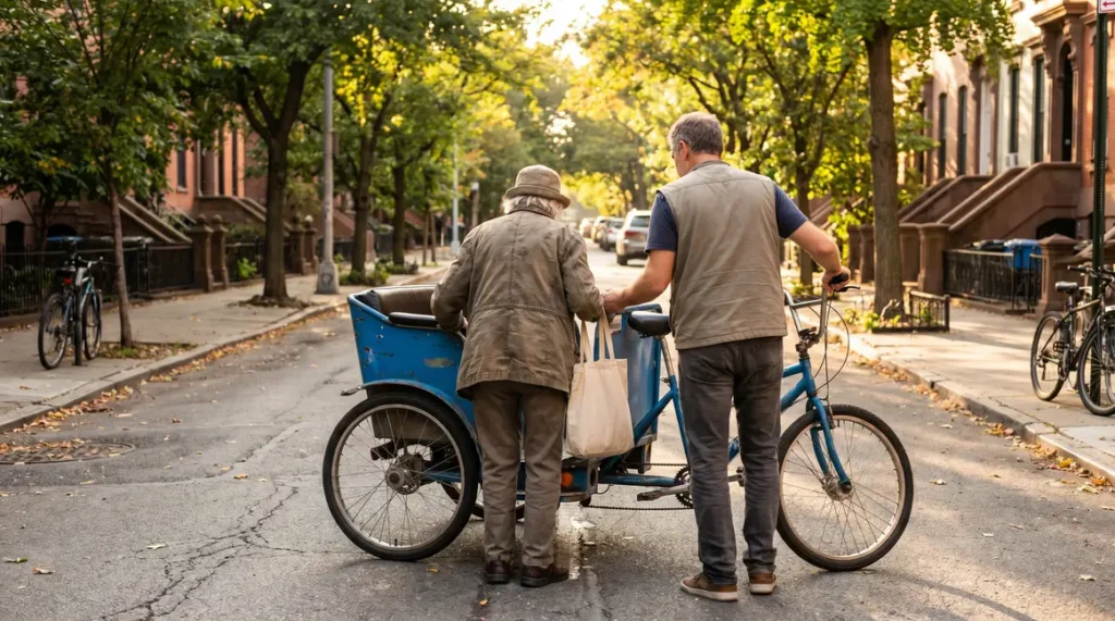 femme agee monte a l'avant d'un triporteur bleu avec benevole rue ensoleillee
