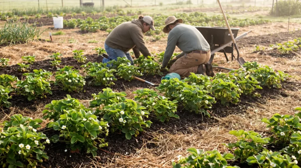 fraisiers en fleurs jardin paillage gestes récolte