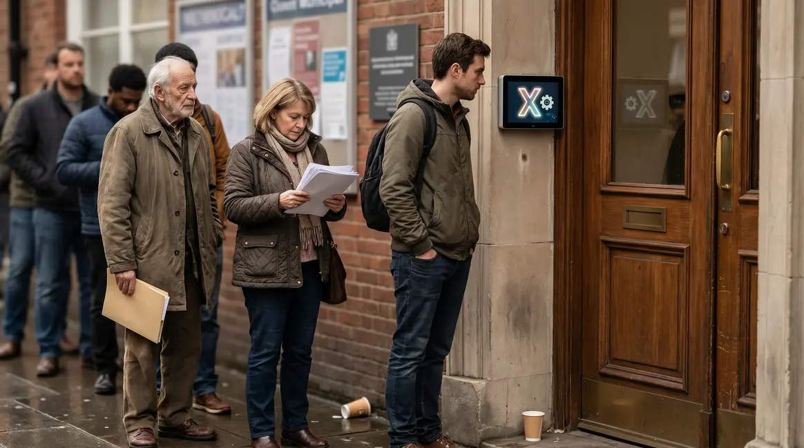 Personnes en file devant mairie porte digitale fracture numérique