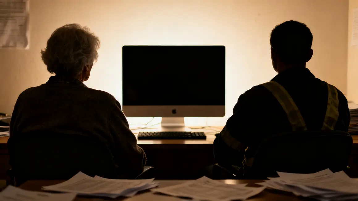 Seniors isolés devant ordinateur éteint fracture numérique