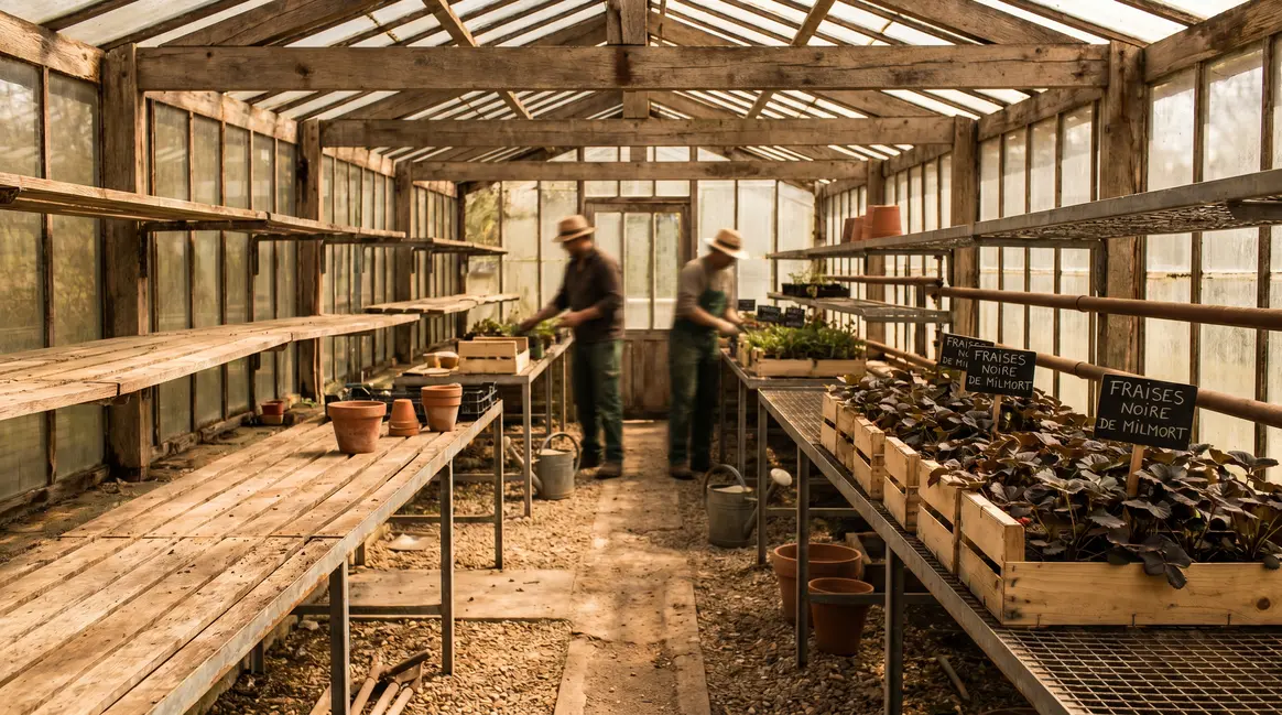 Rayons vides de fraisiers Noire de Milmort en jardinerie française