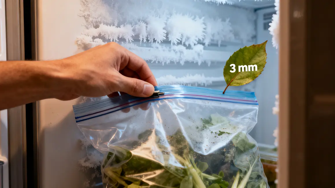 Main ferme un sac hermétique devant congélateur givre 3 mm
