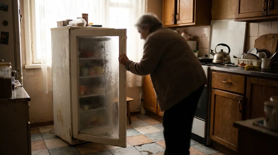 Glace sur congélateur dans une cuisine de banlieue au matin