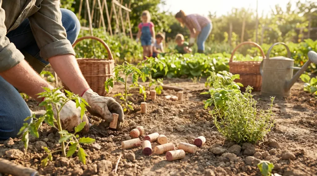 Bouchons de vin recyclés dans potager au soleil