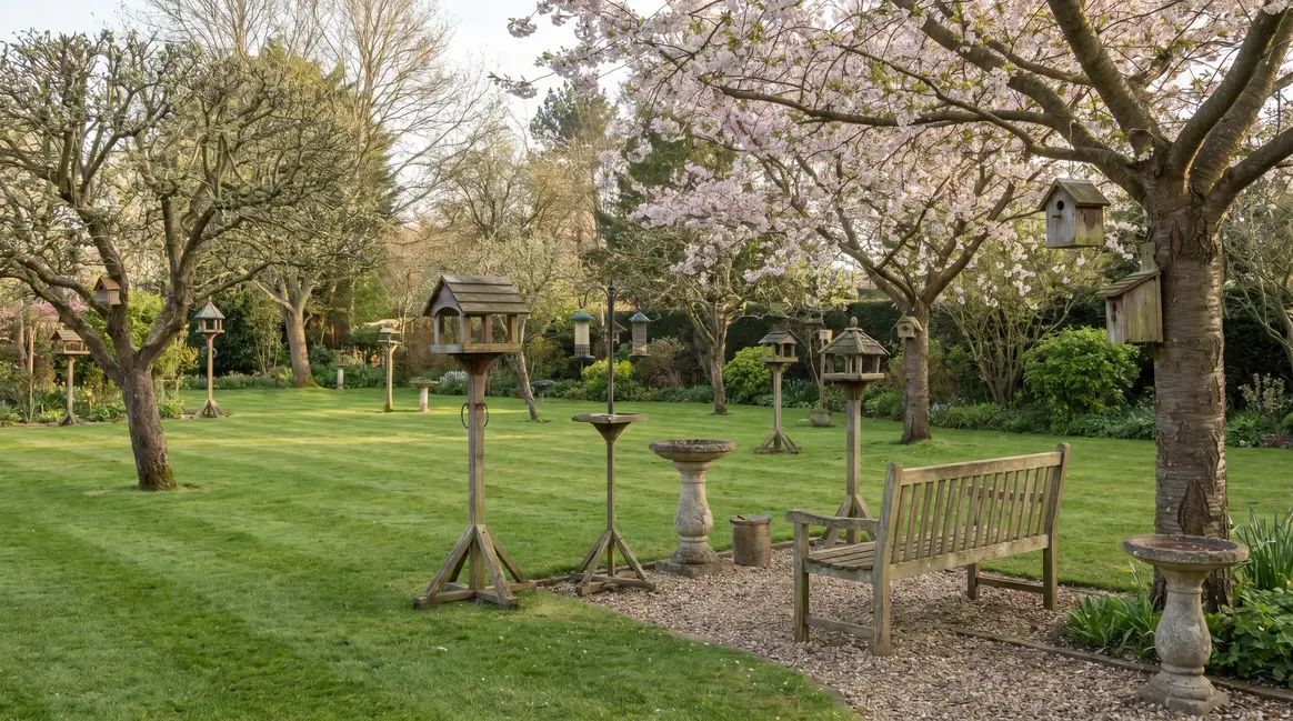 Jardin printanier bien entretenu sans oiseaux, niche mangeoire abreuvoir vides