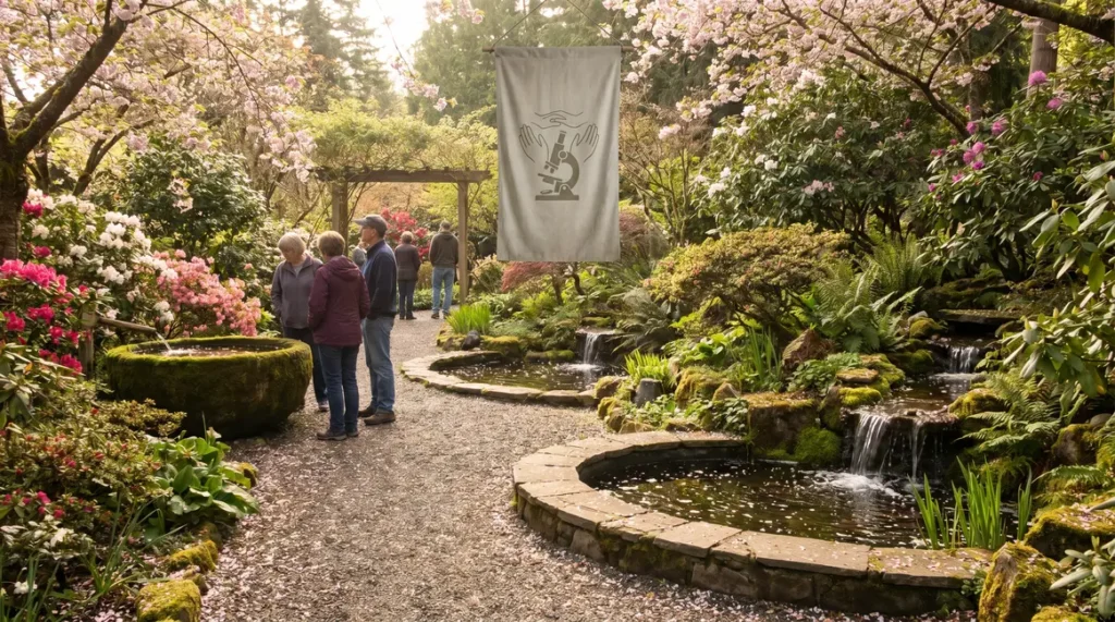 jardin prive luxuriant bassin fleurs solidarite