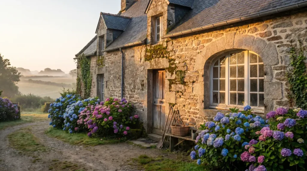 Photo d'une vieille maison bretonne en pierre avec hortensias au lever du soleil