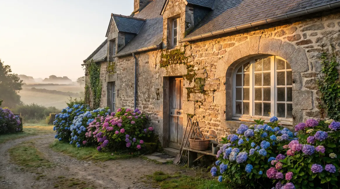 Photo d'une vieille maison bretonne en pierre avec hortensias au lever du soleil
