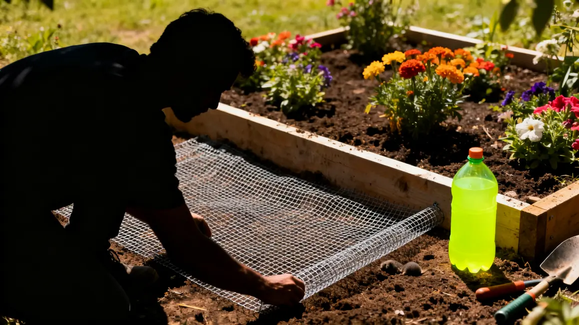 installation grillage anti-taupe et bouteille vibrante jardin