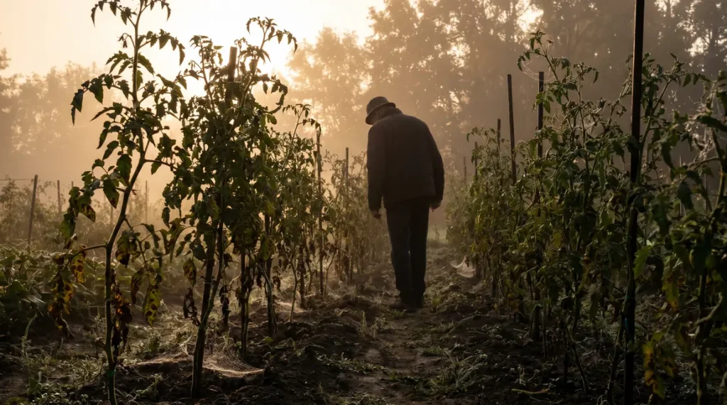 plants de tomates brume matin jardin mildiou