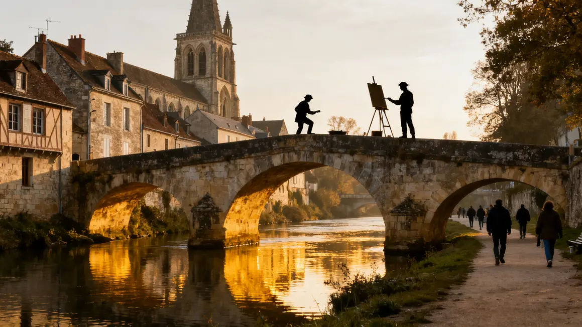 Rivière et pont de Moret-sur-Loing, village médiéval en Ile-de-France