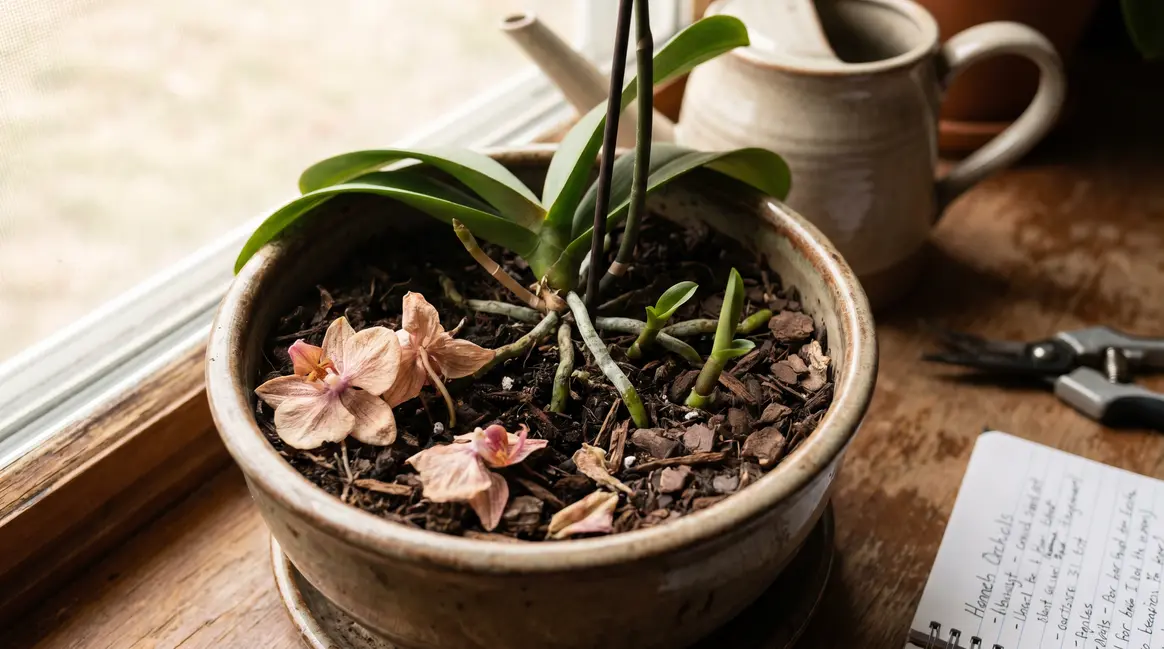 Phalaenopsis en pot avec tiges et nouvelles pousses