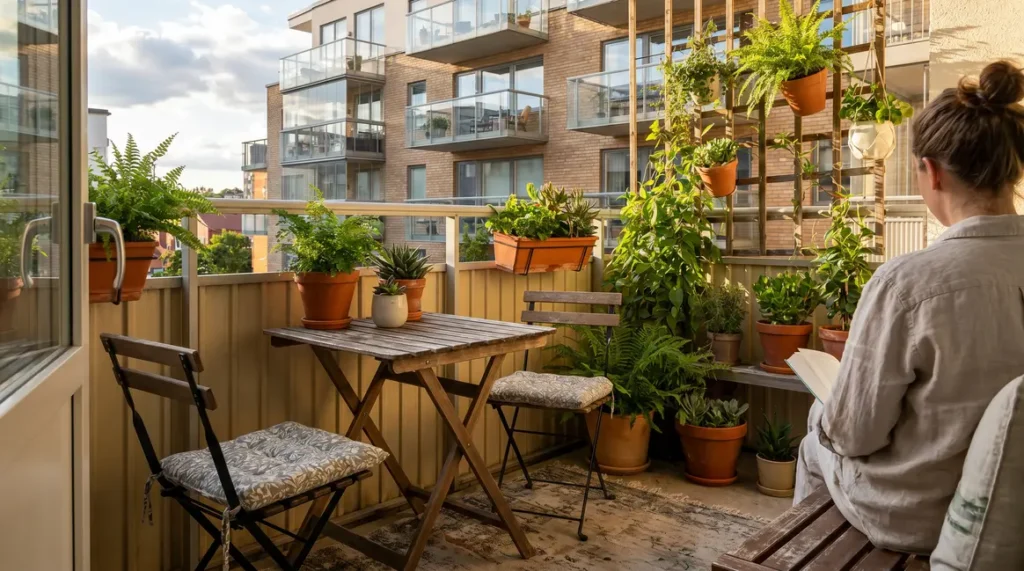 Coin détente balcon urbain mini salon jardin table pliante chaises empilables