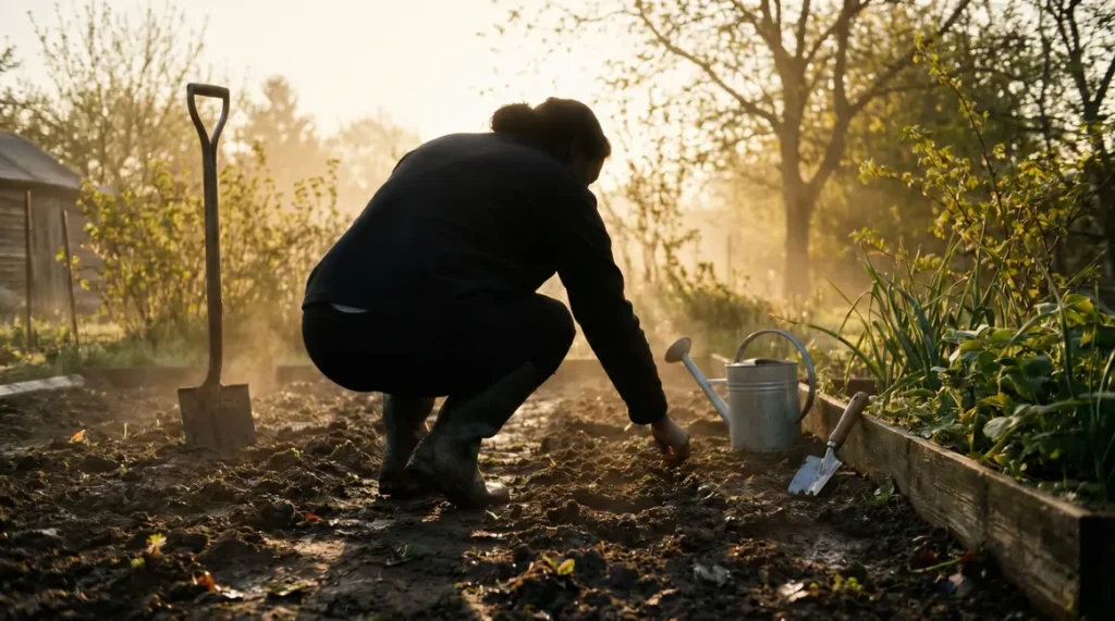 Semis à l'aube dans un petit potager familial, terre humide