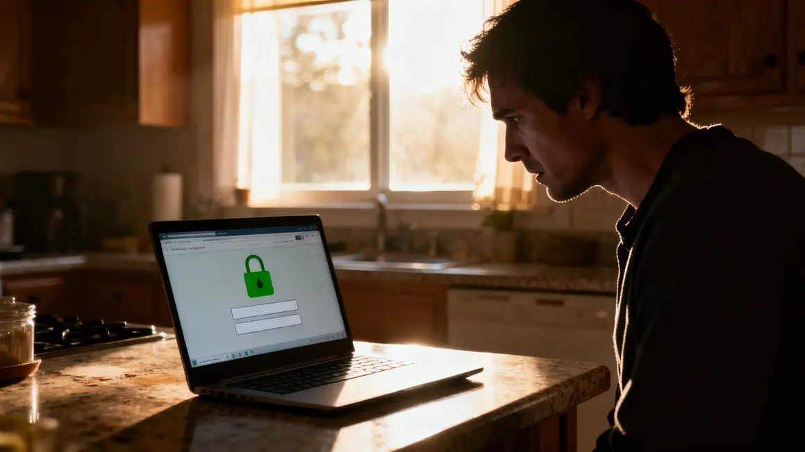 Senior anxieux seul cuisine devant email fraudeur