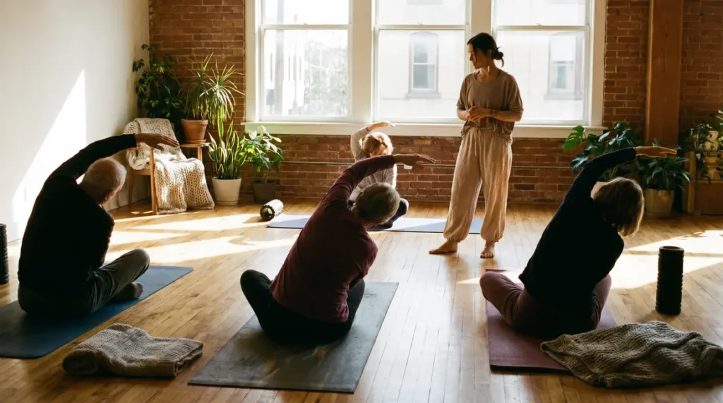 Pilates doux pour seniors et aidants en salle lumineuse