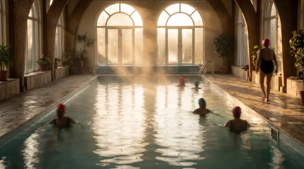 Seniors nageant dans une piscine intérieure paisible au lever du jour
