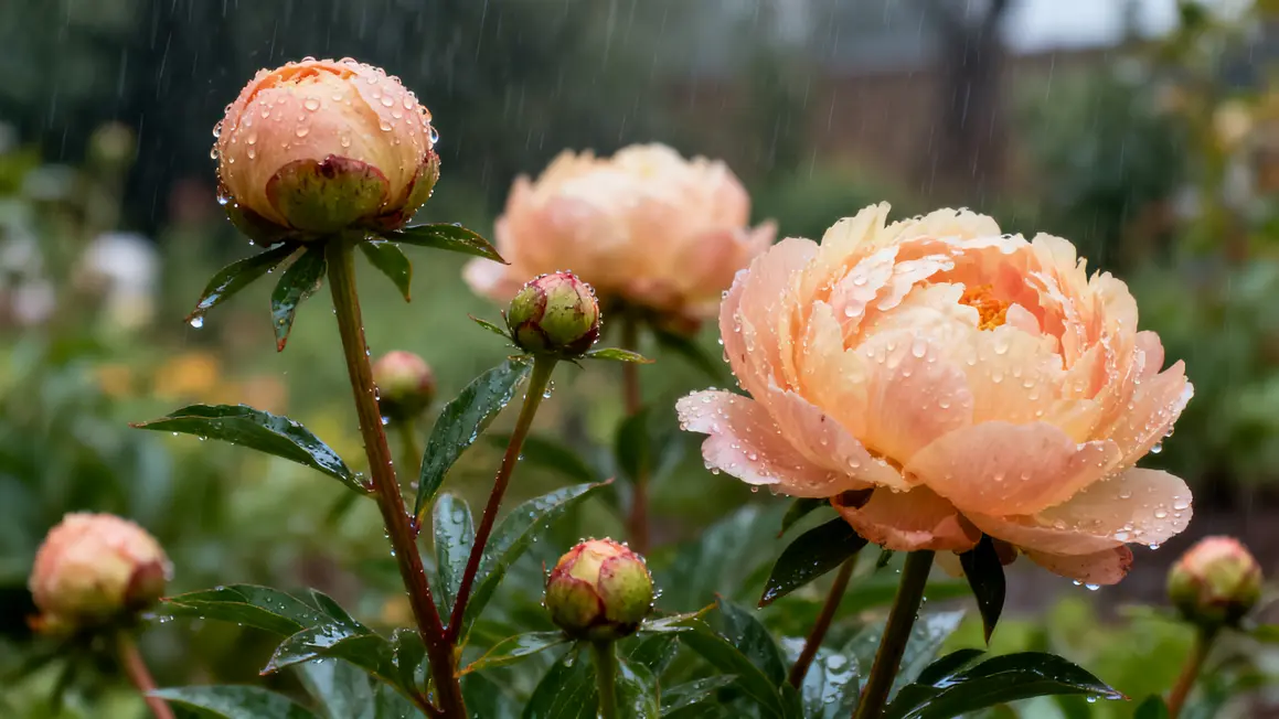 pivoines avec boutons floraux sous la pluie
