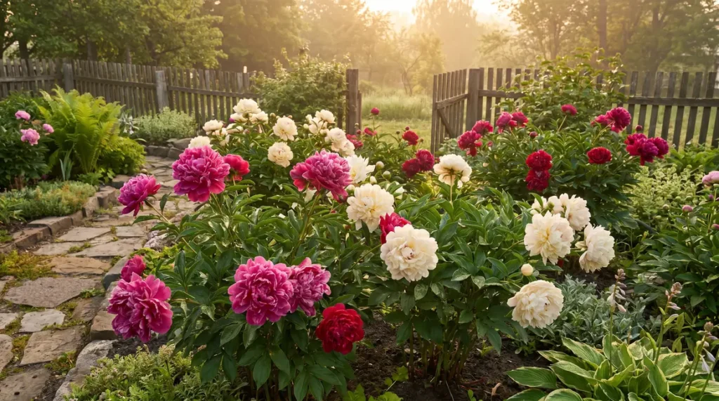 massif de pivoines en pleine floraison printanière