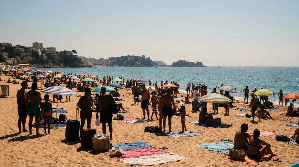 Plage française bondée en été avec vacanciers