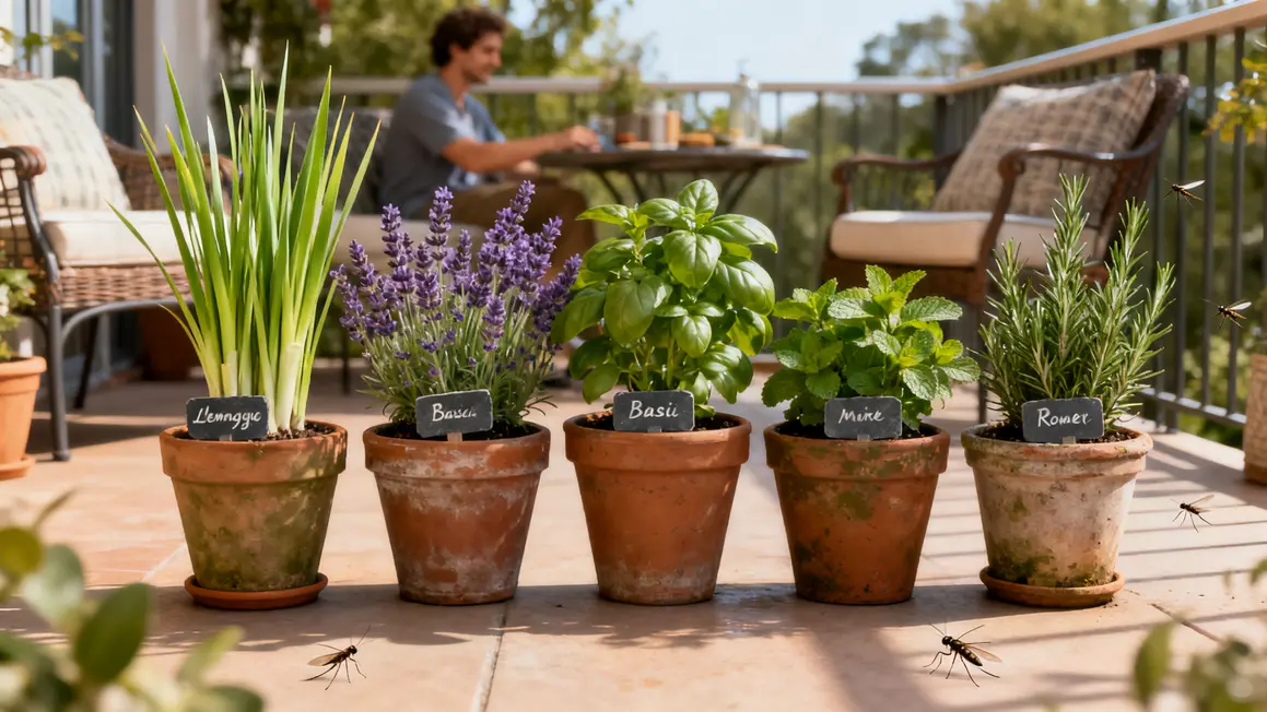 pots de plantes aromatiques terrasse contre moustiques