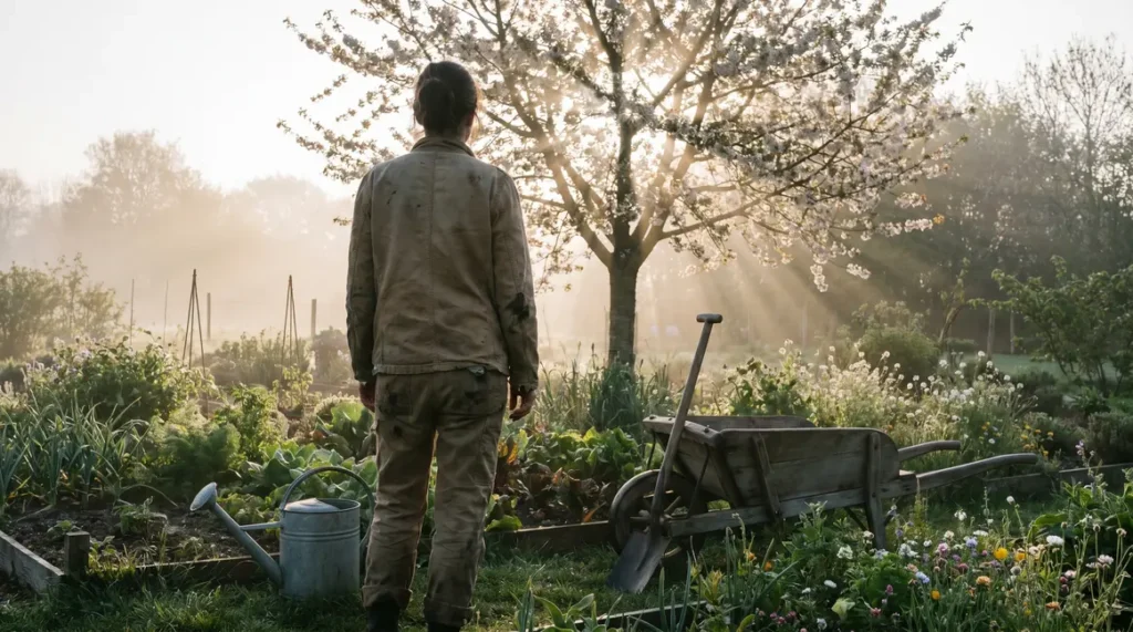 potager matin brume soleil cerisier femme outils