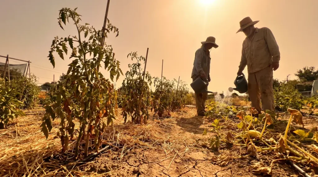 Potager canicule sol craquelé légumes flétris paillage