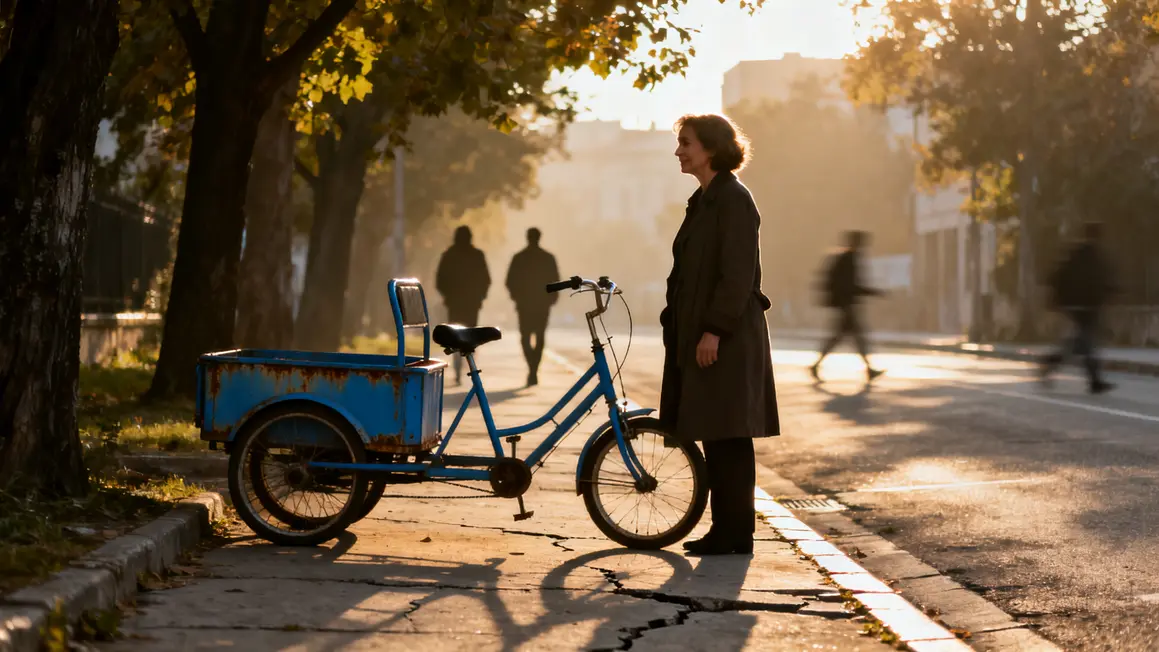 depart balade triporteur bleu femme agee benevole rue calme