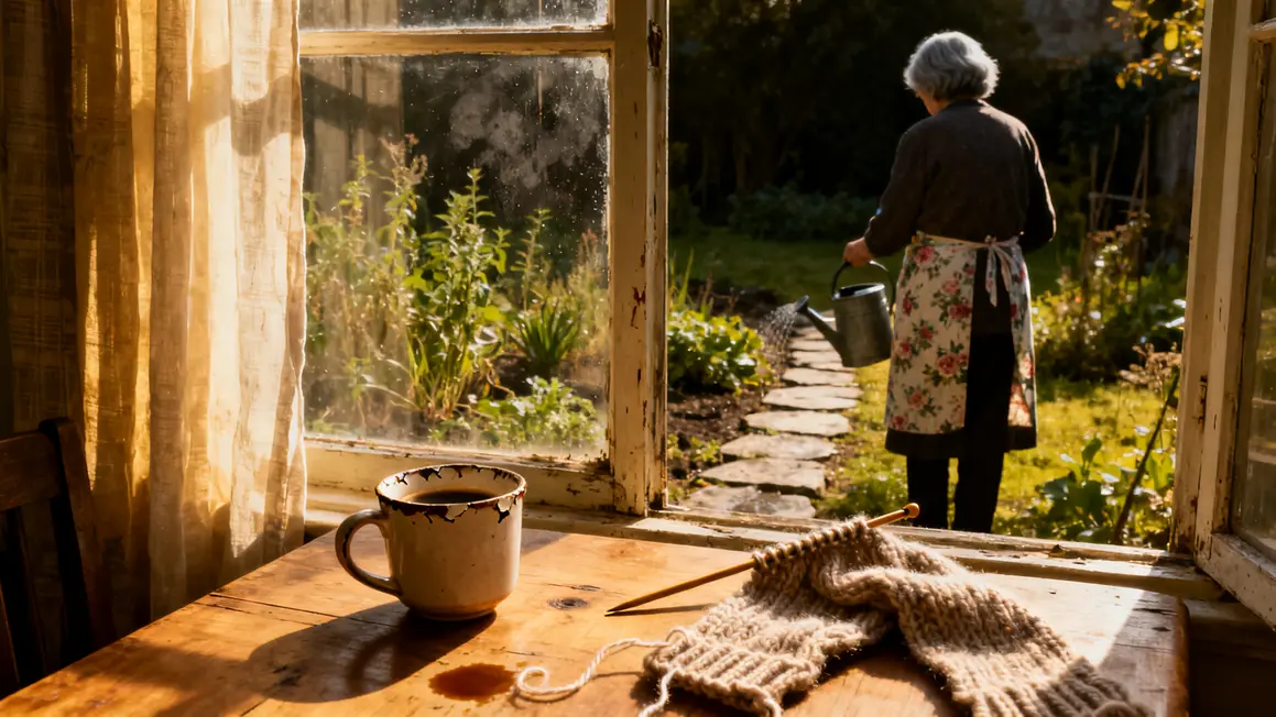 femme agee autonome cafe tricot vue sur jardin