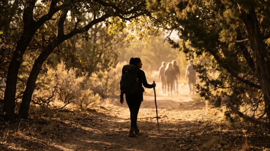 marcheuse sur sentier sud-ouest sac a dos arbres lumière douce