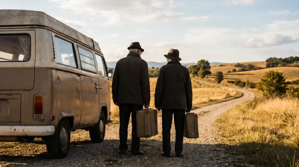 Seniors devant van, retraite nomade, liberté, aventure