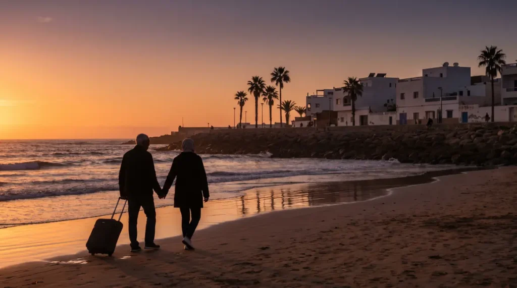 Couple seniors valises plage Atlantique Maroc coucher soleil