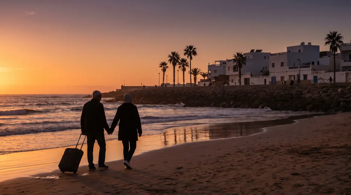 Couple seniors valises plage Atlantique Maroc coucher soleil