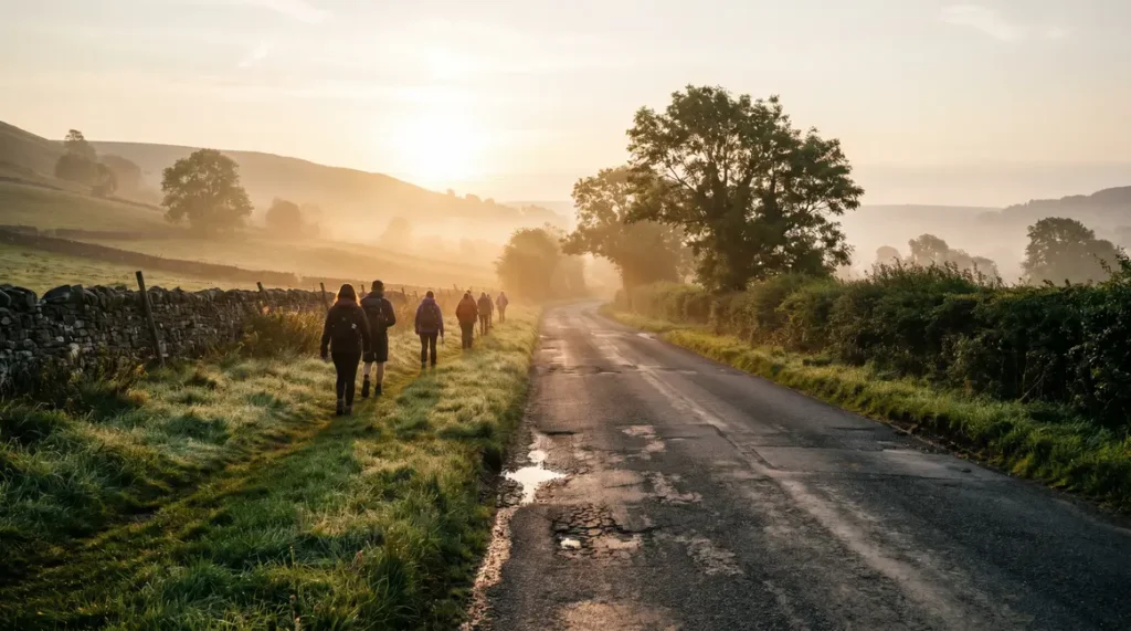 Randonneurs matin sur chemin brumeux