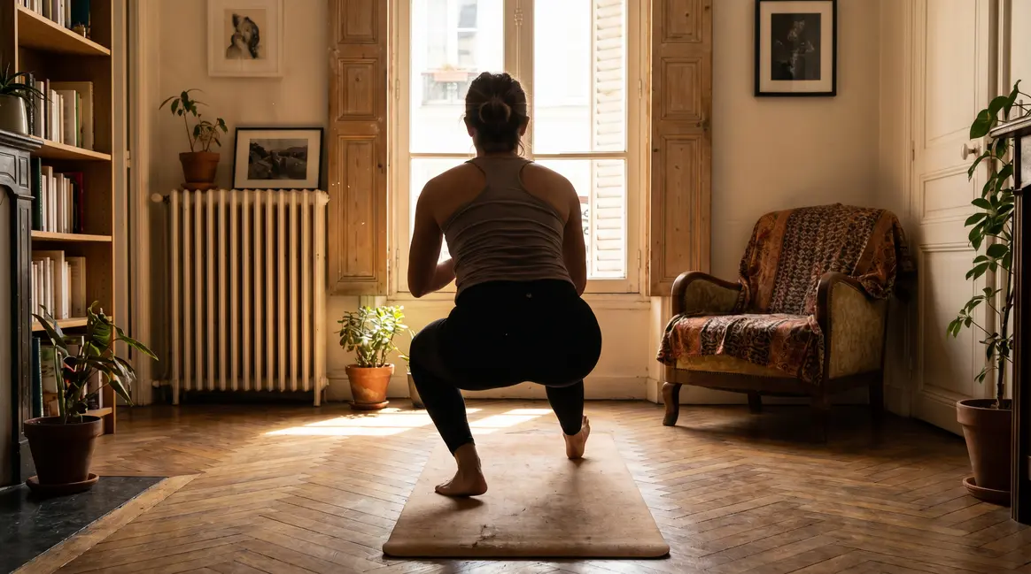 femme dos squat planche tapis minceur maison