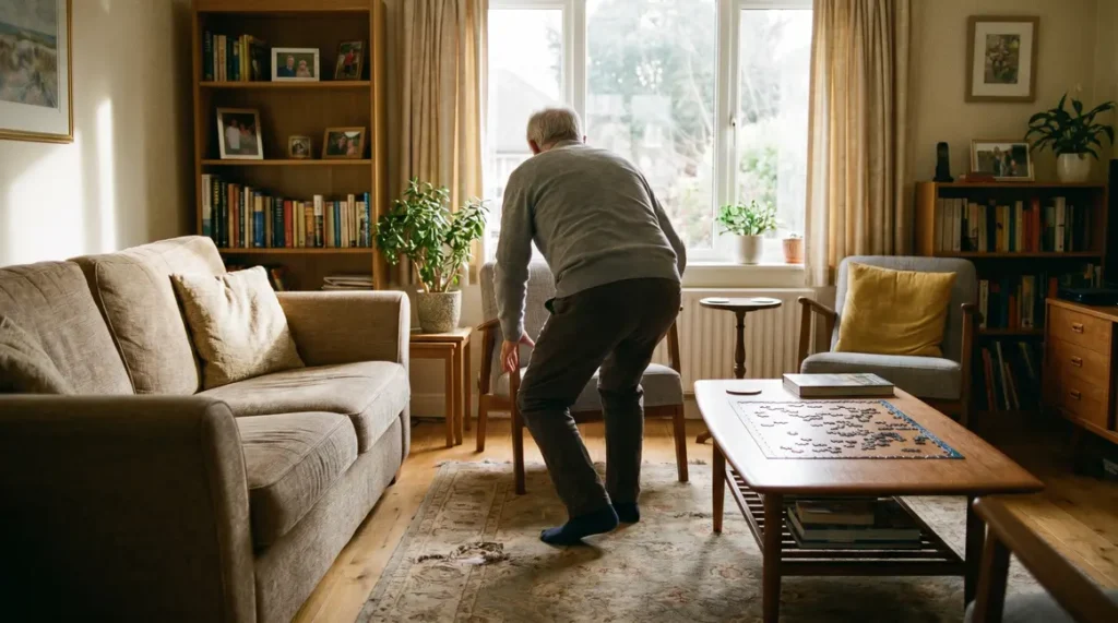 Senior sur le point de tomber dans salon moderne