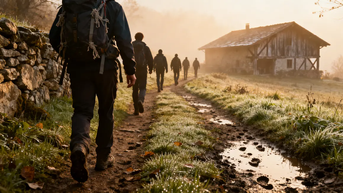 Marcheurs matin foule sur sentier