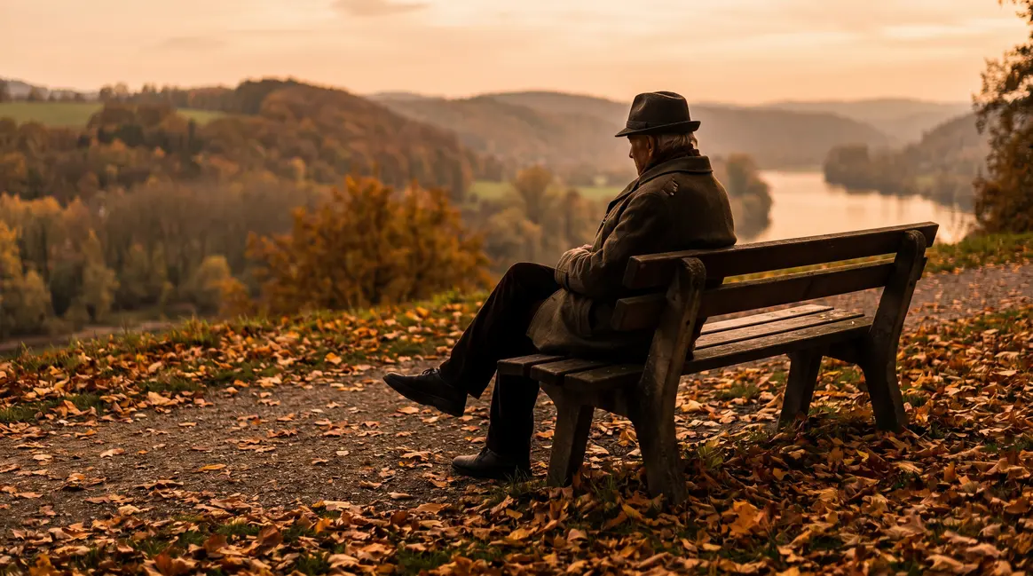 Silhouette senior sur banc parc automne introspection