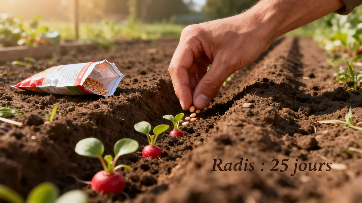 Main semant des graines de radis en sillon droit