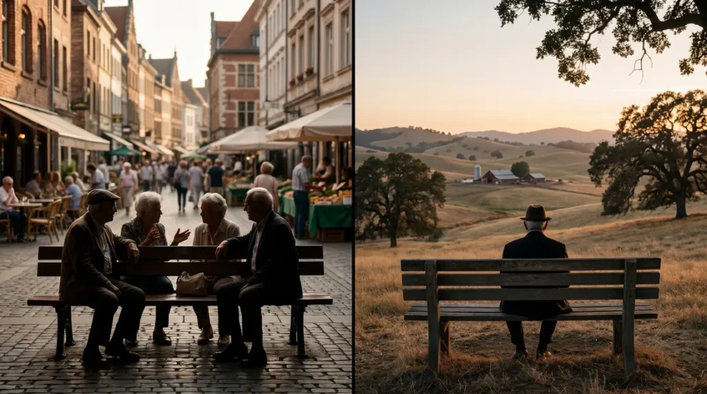 Seniors sur bancs illustrant solitude et lien social en retraite