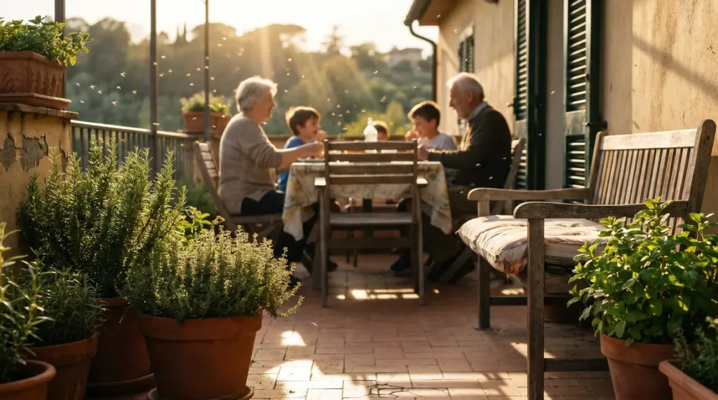 terrasse avec plantes aromatiques et moustiques au printemps