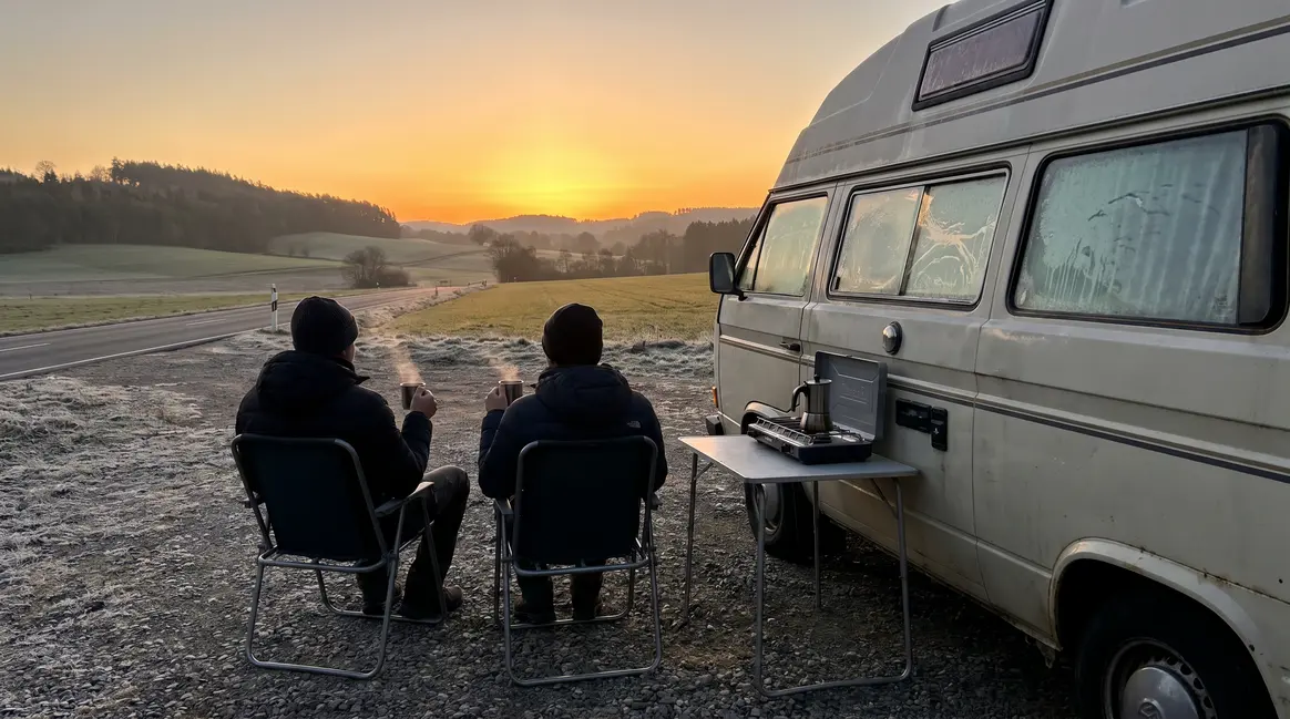 van camping aire de repos cafe matinal retraite aventure