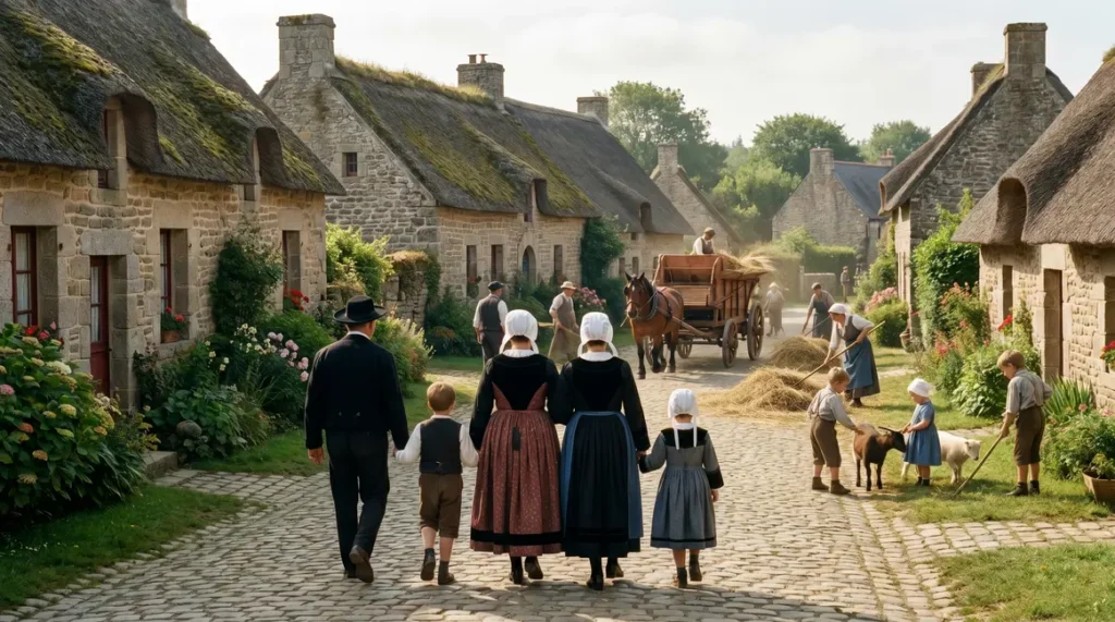 Scène village breton Poul Fetan aux costumes traditionnels