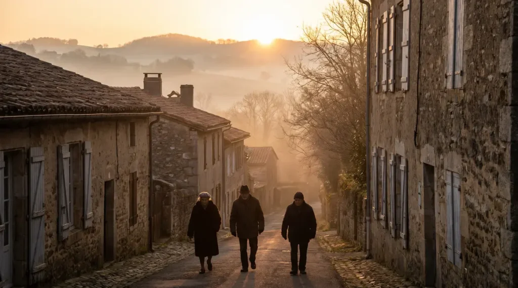 Village rural français lever du jour seniors