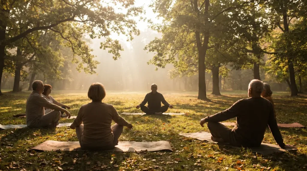 Seniors pratiquant yoga protecteur du cœur